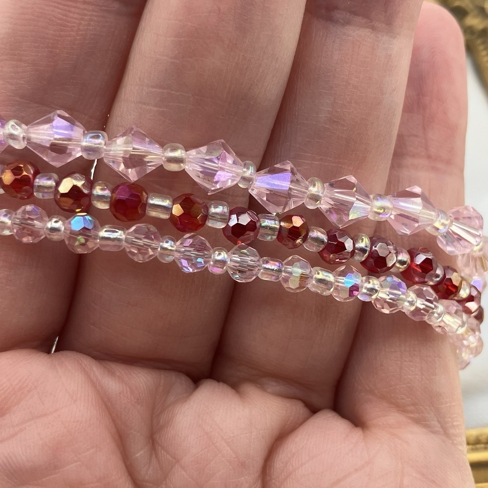 Lot Of 3 Crystal Bracelets Aurora Borealis Clear/Pink/Red Dainty Coquette Stack